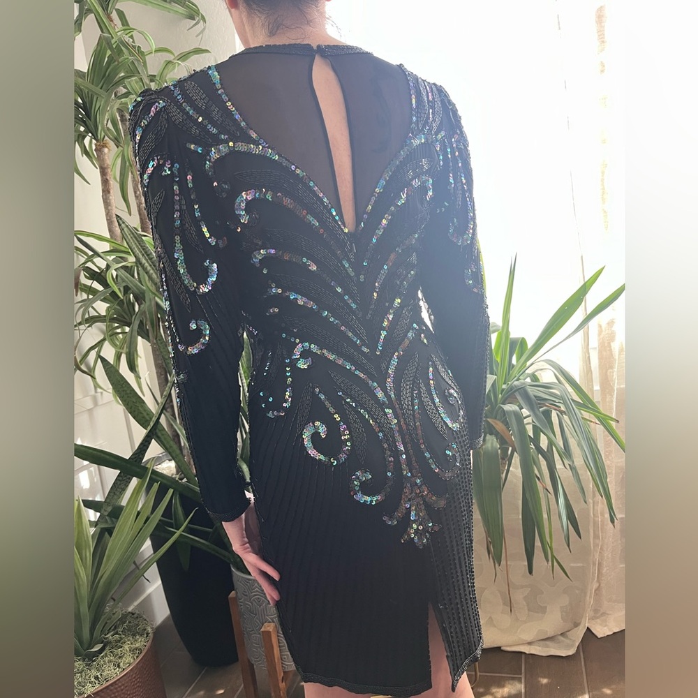 Vintage  mesh sequin beaded silk mini dress with long sleeve holiday sparkle - Picture 9 of 16